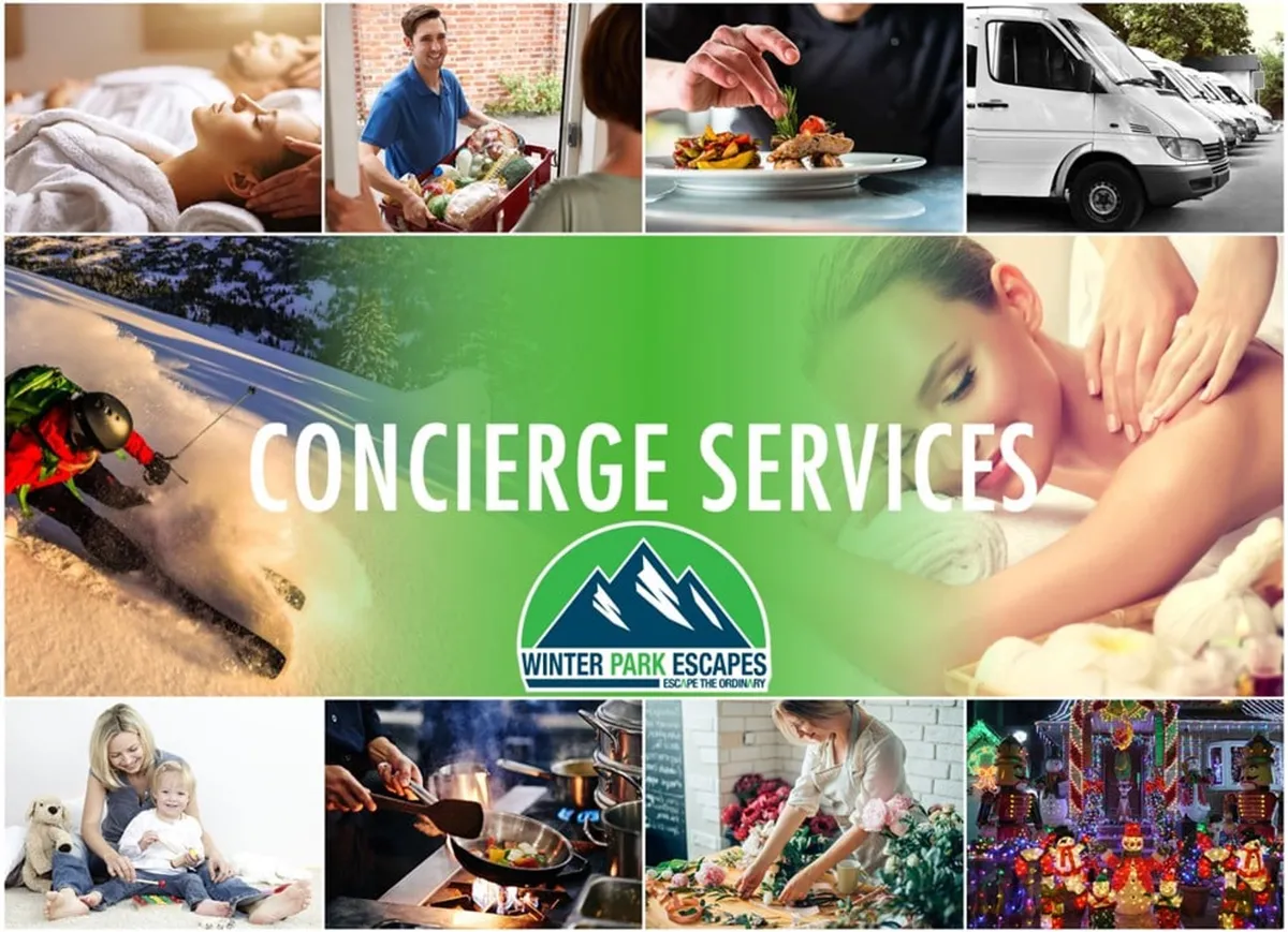 This image features text promoting concierge services alongside visuals of various resort-style activities, such as spa treatments, gourmet meal preparation, family bonding, and skiing. The scene captures both relaxation and excitement, with images highlighting luxurious and family-friendly experiences.