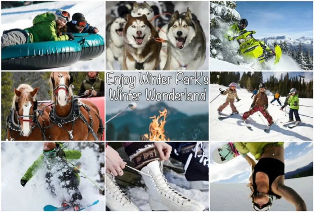 A vibrant winter scene filled with activity: people are snow tubing down a hill, huskies pull a sled across snowy terrain, snowboarders and skiers are in action, a group enjoys warmth by a campfire, children play in the snow, and a pair of skates is visible. The atmosphere is lively, energetic, and clearly winter-focused.