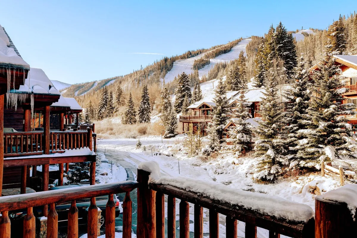 A serene winter landscape featuring snow-laden trees, rustic wooden cabins, and a gently winding river. The view suggests outdoor adventures such as skiing, hiking, and building snowmen, all within easy reach of the chalet.