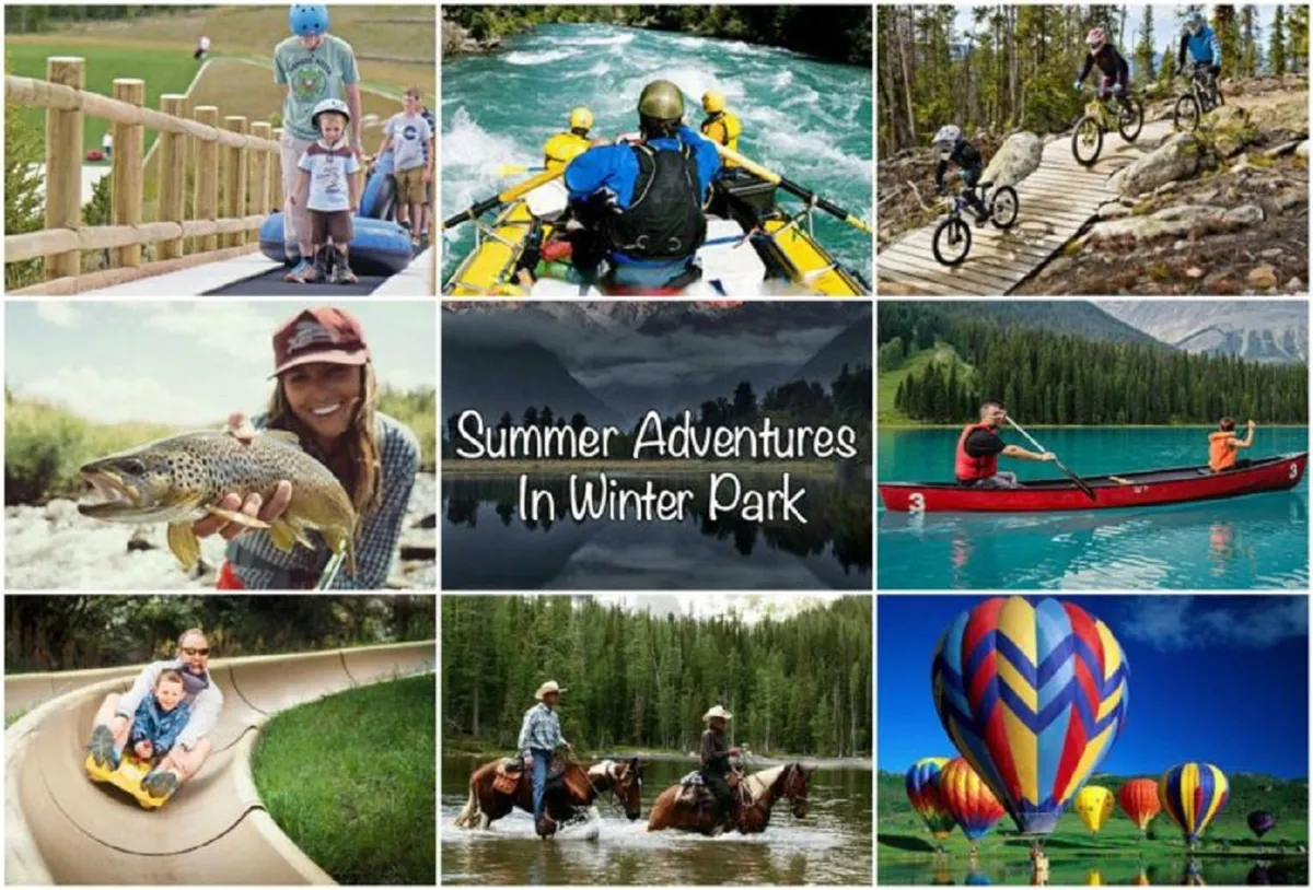 The image shows families immersed in a variety of outdoor adventures: children and adults are seen rafting on a river, mountain biking on trails, fishing in a peaceful stream, riding horses across a meadow, kayaking, sliding down a water slide, and even enjoying the unique experience of hot air ballooning. The mountains and lush landscape provide a vivid backdrop, emphasizing the diversity of year-round activities.