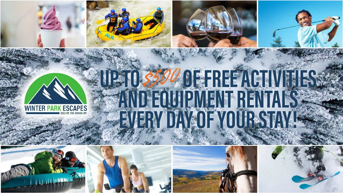 An interior scene showcasing a promotional display of various local activities. Rafting, skiing, golfing, wine tasting, horse riding, and snow tubing are all illustrated, with a logo and text highlighting free activities available to guests. The display is visually engaging, tying together the diverse experiences on offer.